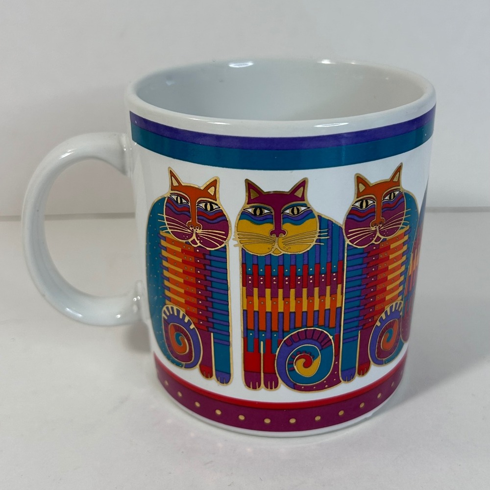 Vintage 1988 Laurel Burch Rainbow Cat Cousins Coffee Mug Gold Accents Japan